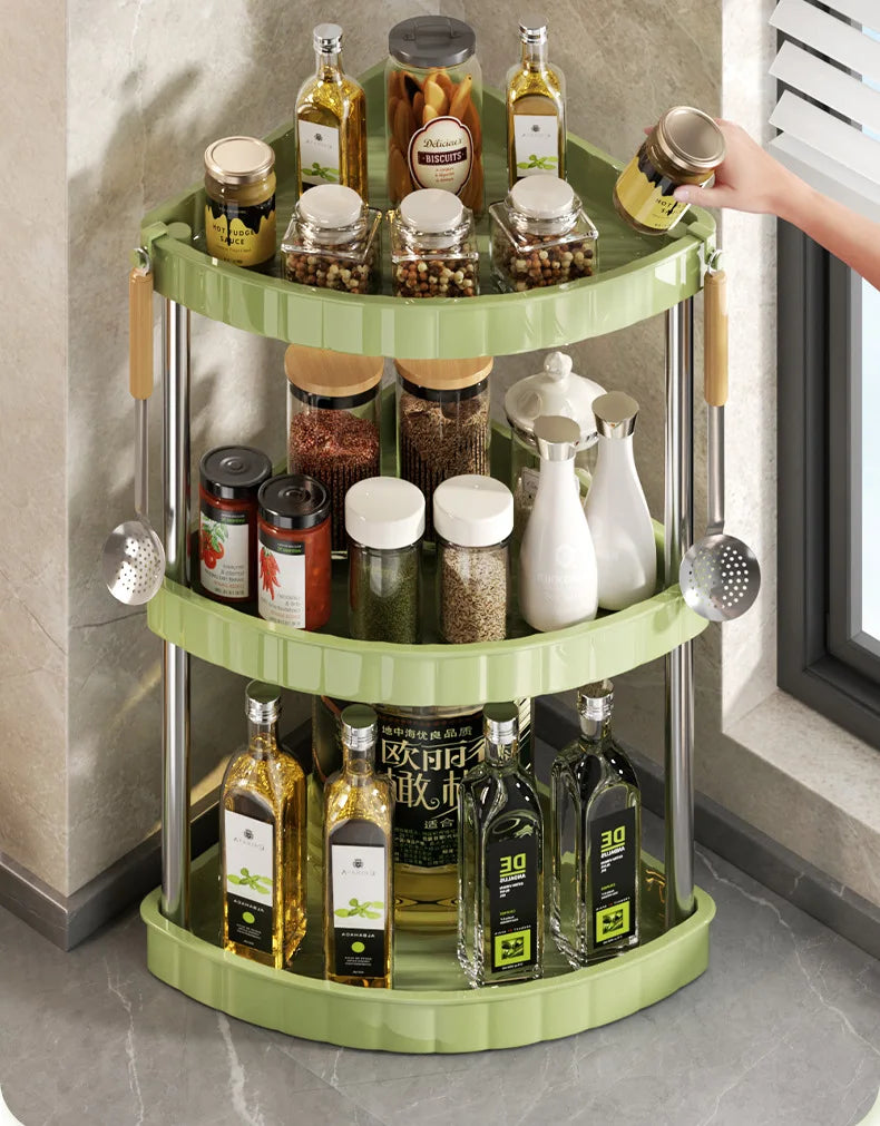 Kitchen Spice Rack Shelf Countertop Corner Multifunctional Seasoning Supplies Rack Saving Spice Rack Organiser with Hooks