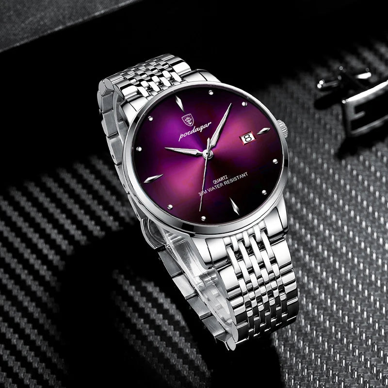 POEDAGAR Business quartz men's watch stainless steel waterproof night light date men's watch luxury casual simple men's watch