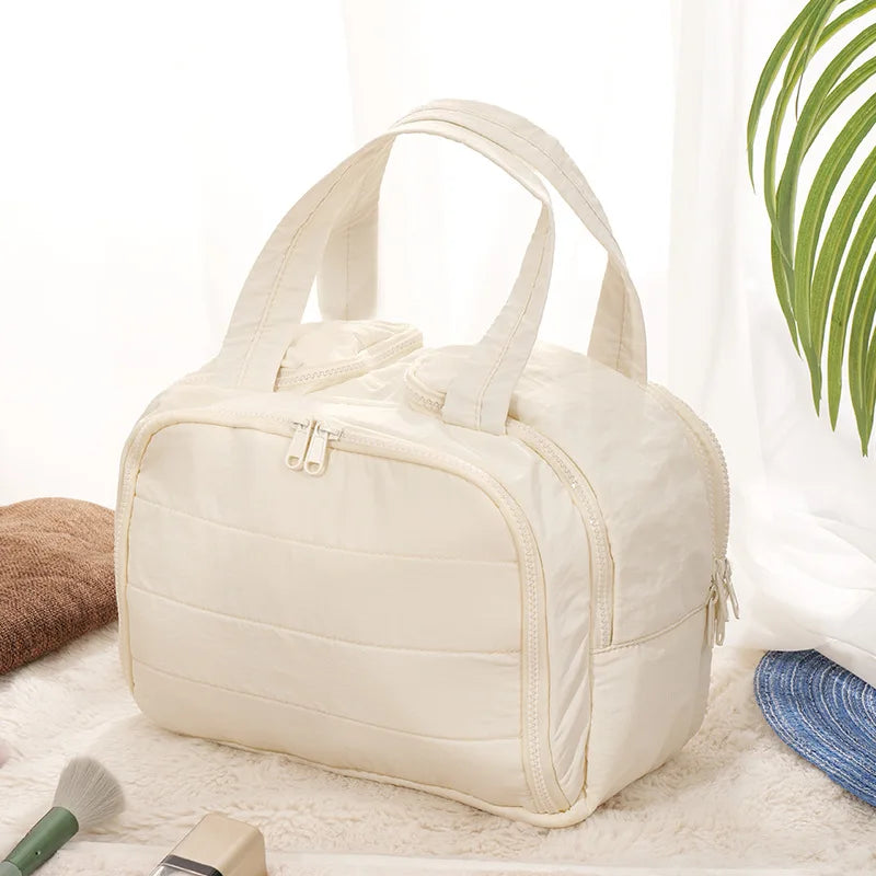 Standing Travel Makeup Bag, Large Capacity Multi Zone with Handle, Multi Compartment Women's Portable Toiletries Bag