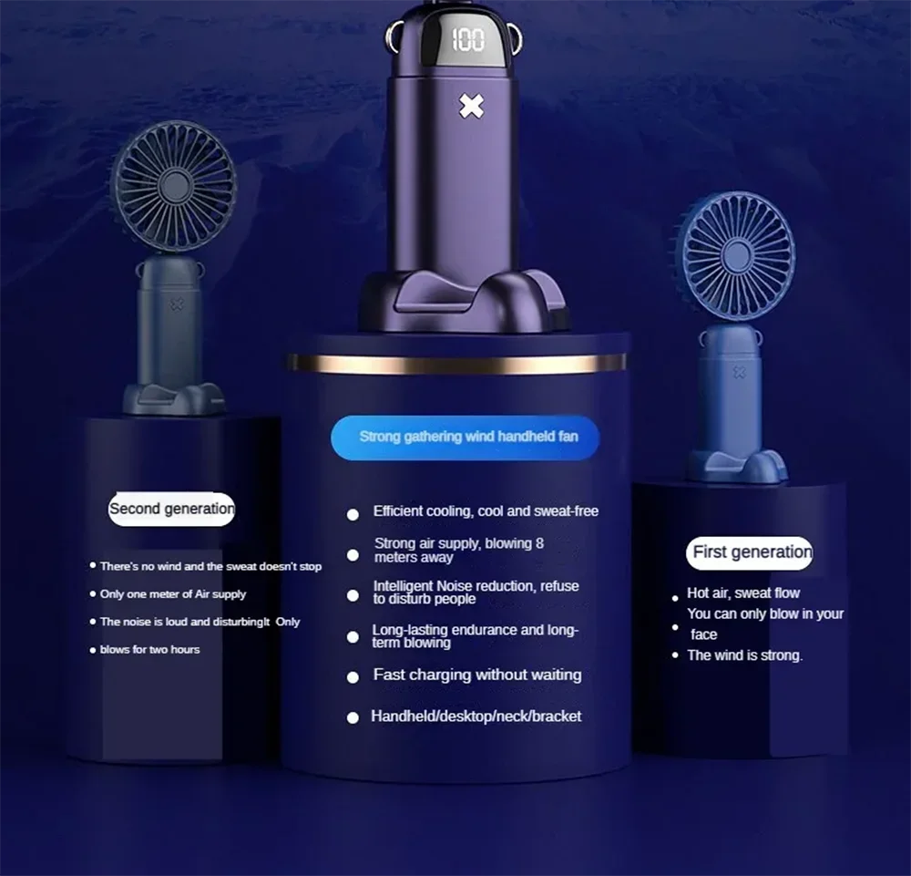 USB Handheld Mini Fan Foldable 5 Speed USB Rechargeable Fan with Phone Stand and Display Screen