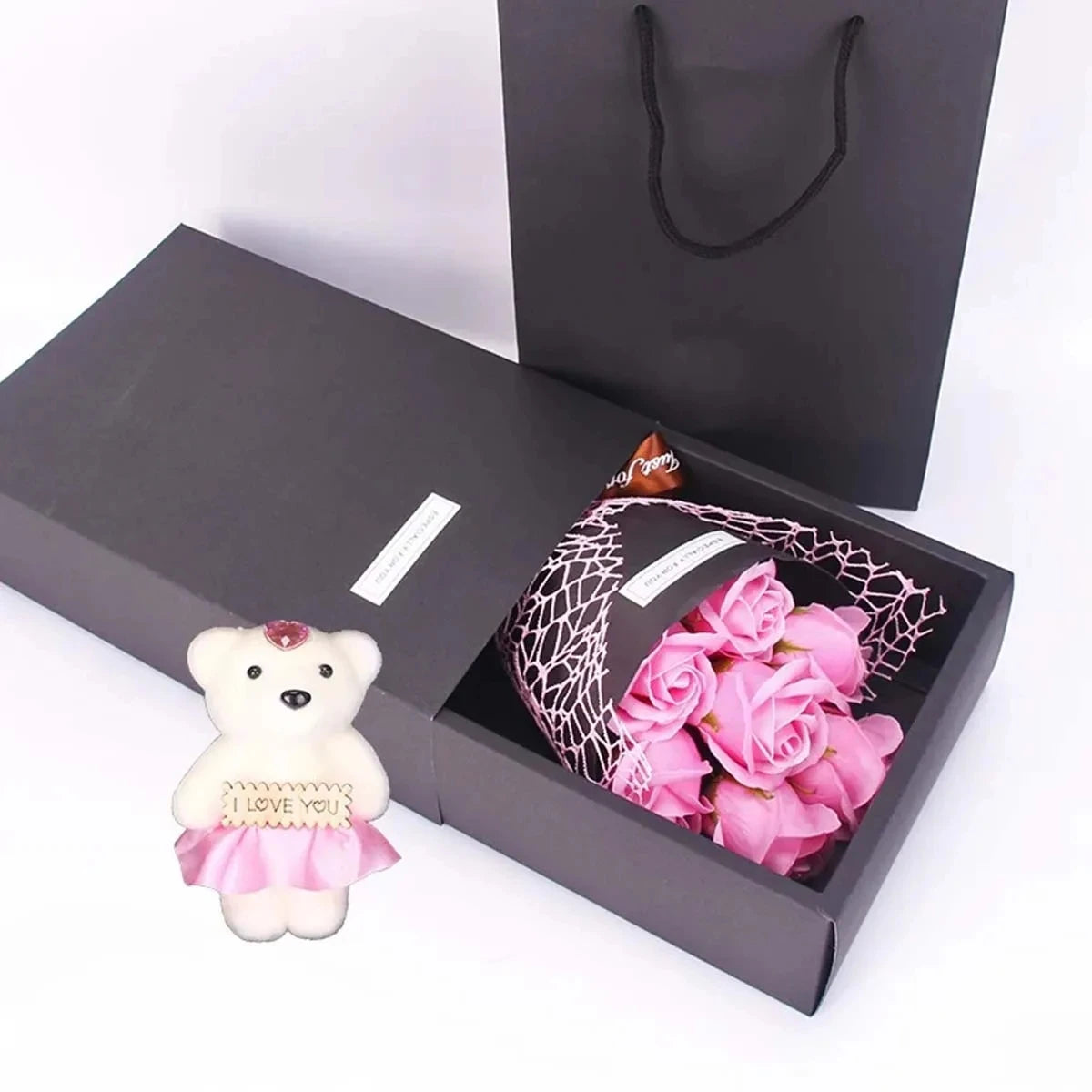 1Pc Handmade 7 Rose Soap Bouquet Little Bear Gift Box Creative Valentine's Day Mother's Day Birthday Party Rose Flower Gifts