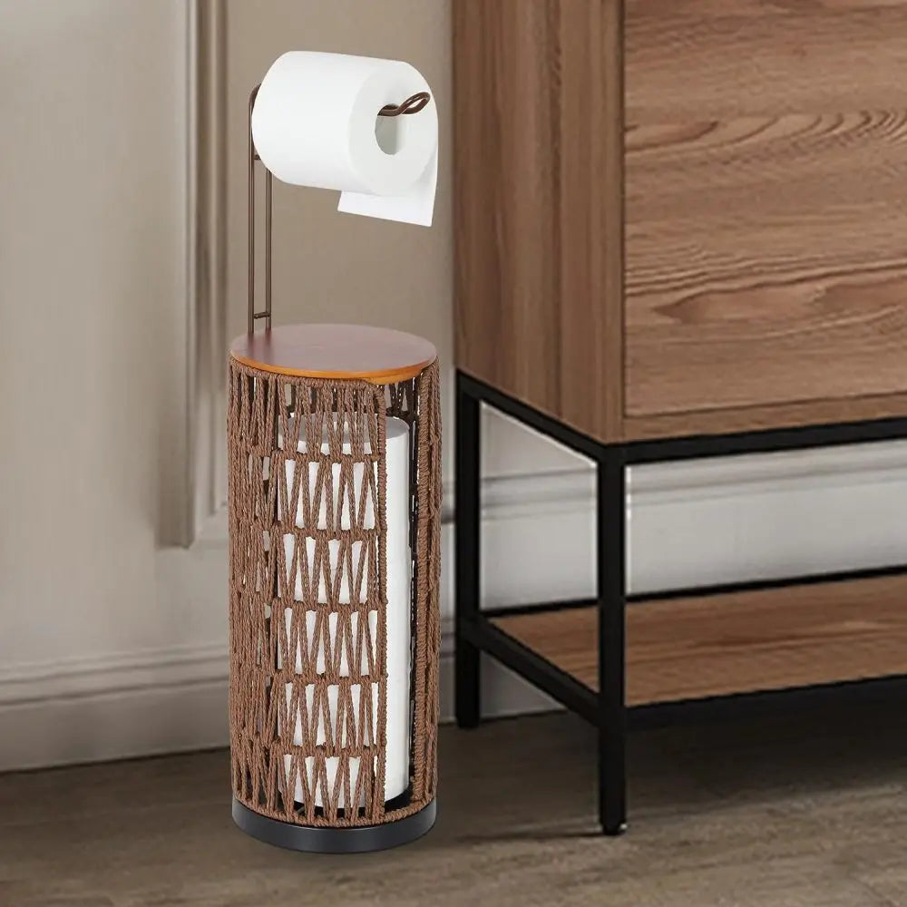 Freestanding Toilet Paper Holder with Storage,3 Rolls of Tissue Holder for Bathroom,Handmade WovenToilet Roll Holder Stand
