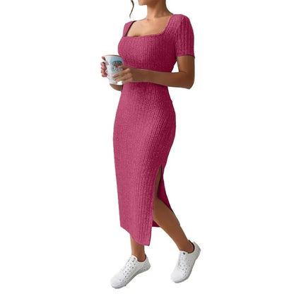 Short-Sleeved, Versatile Knitted Slit Dress