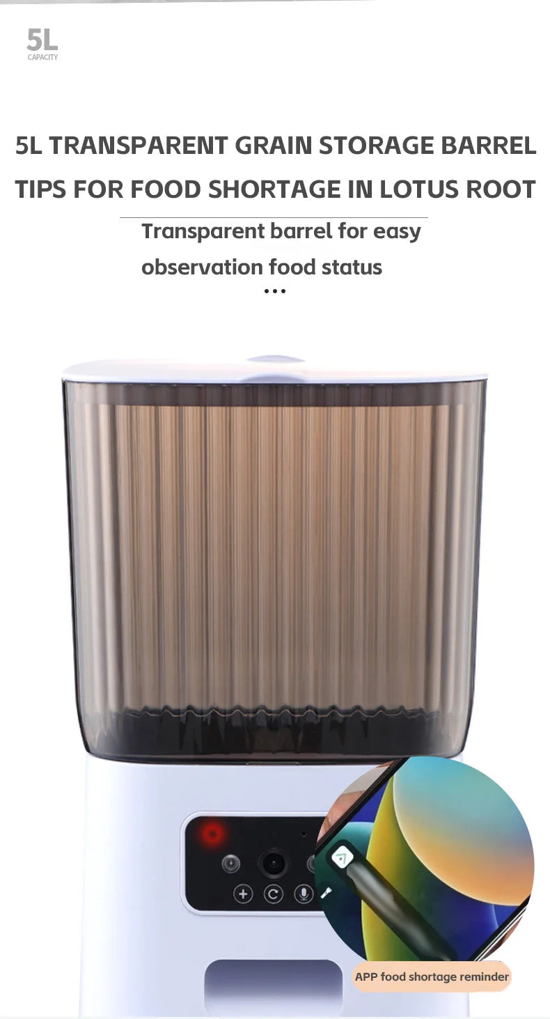 5L Smart Automatic Pet Feeder with Camera – WiFi Cat & Dog Food Dispenser with Timed Portions and Stainless Steel Bowl