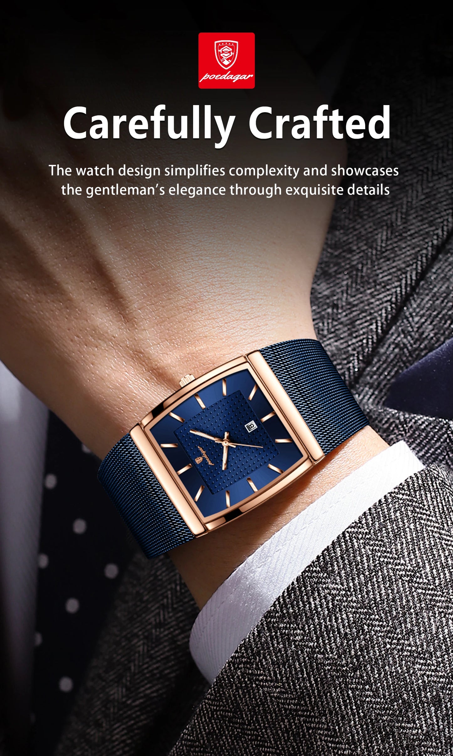 POEDAGAR Top Original Men Watch Waterproof Luminous Date Rectangle Man Wristwatch Mesh Stainless Steel Men's Quartz Watches Male