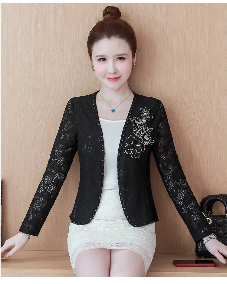 Short Lace  Long Sleeve Embroidery Cardigan