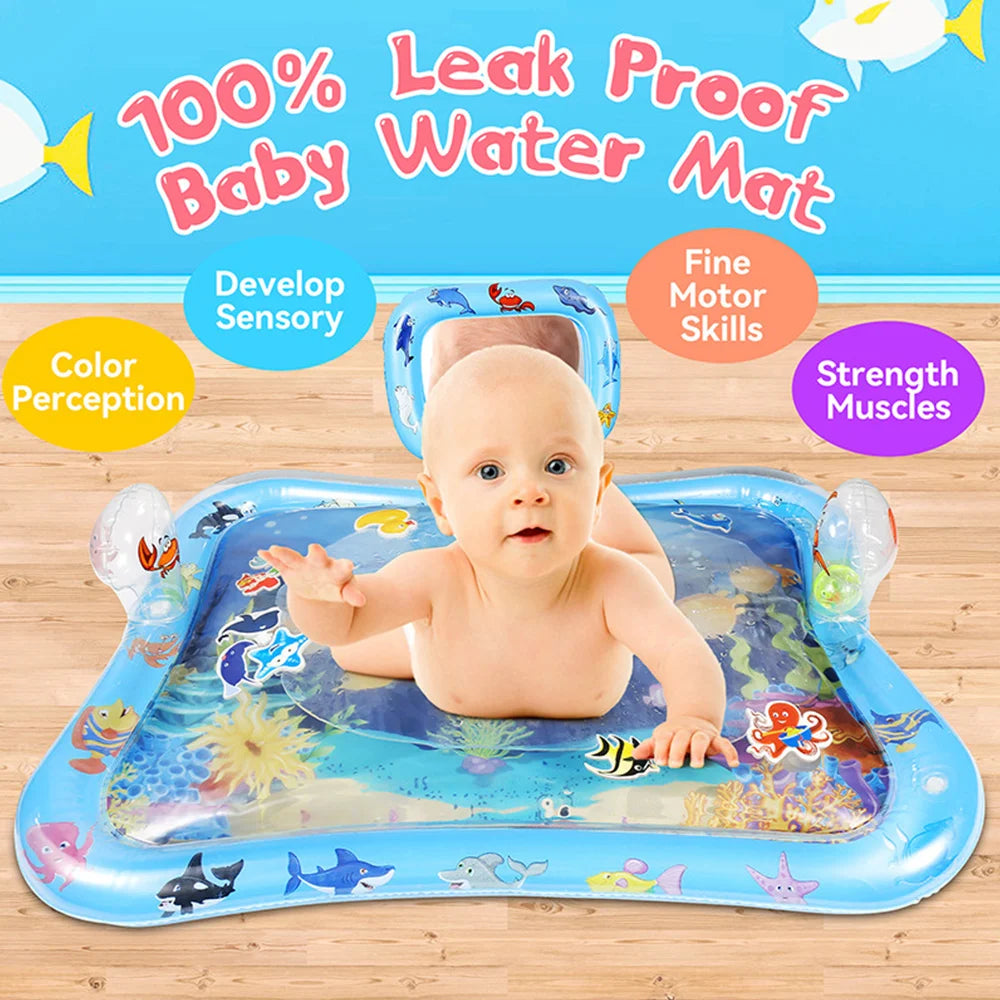 Tummy Time Water Mat for Baby Boy Girl PVC Inflatable Play Mat with Mirror Rattle Buzzer for Infants Toddlers Fun Play Activity