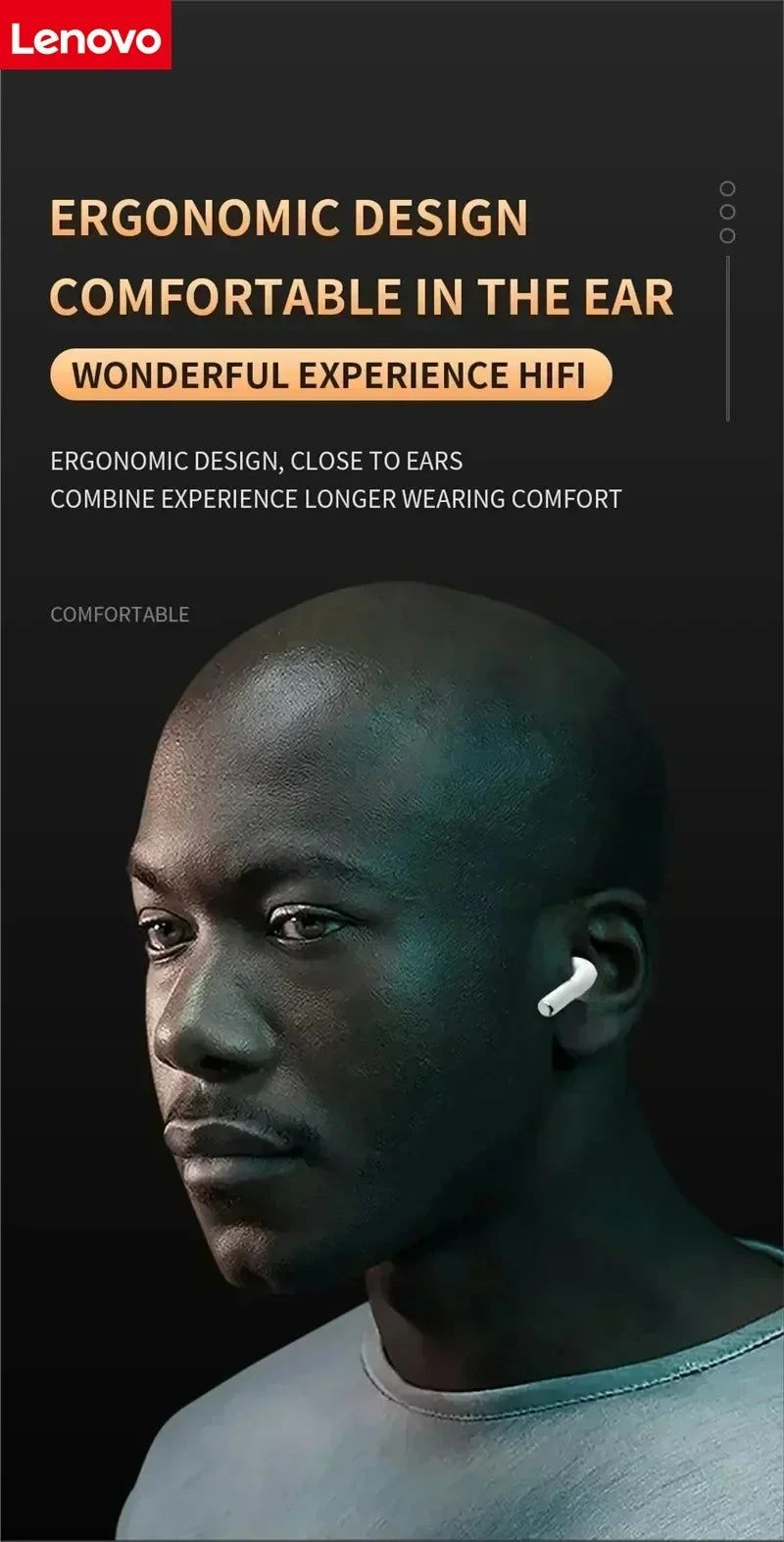 Lenovo Semi-In-Ear Wireless Bluetooth Headphones Touch-Control Sports Headphones 3D Stereo Headphones Suitable for Gaming