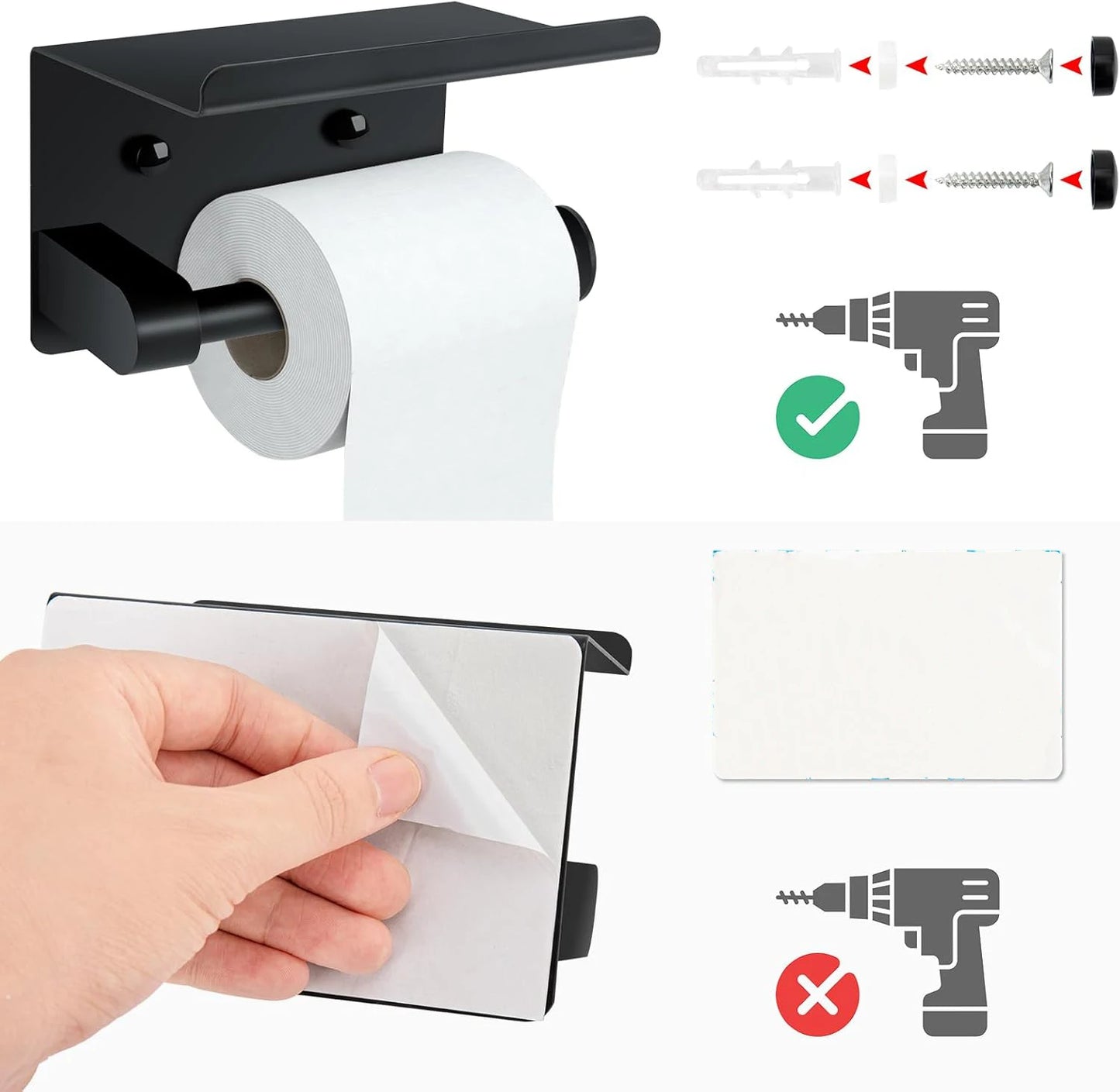 Self Adhesive Toilet Paper Holder with Phone Shelf Stainless Steel Wall Mount Toilet Paper Roll Holder for Bathroom Accessories