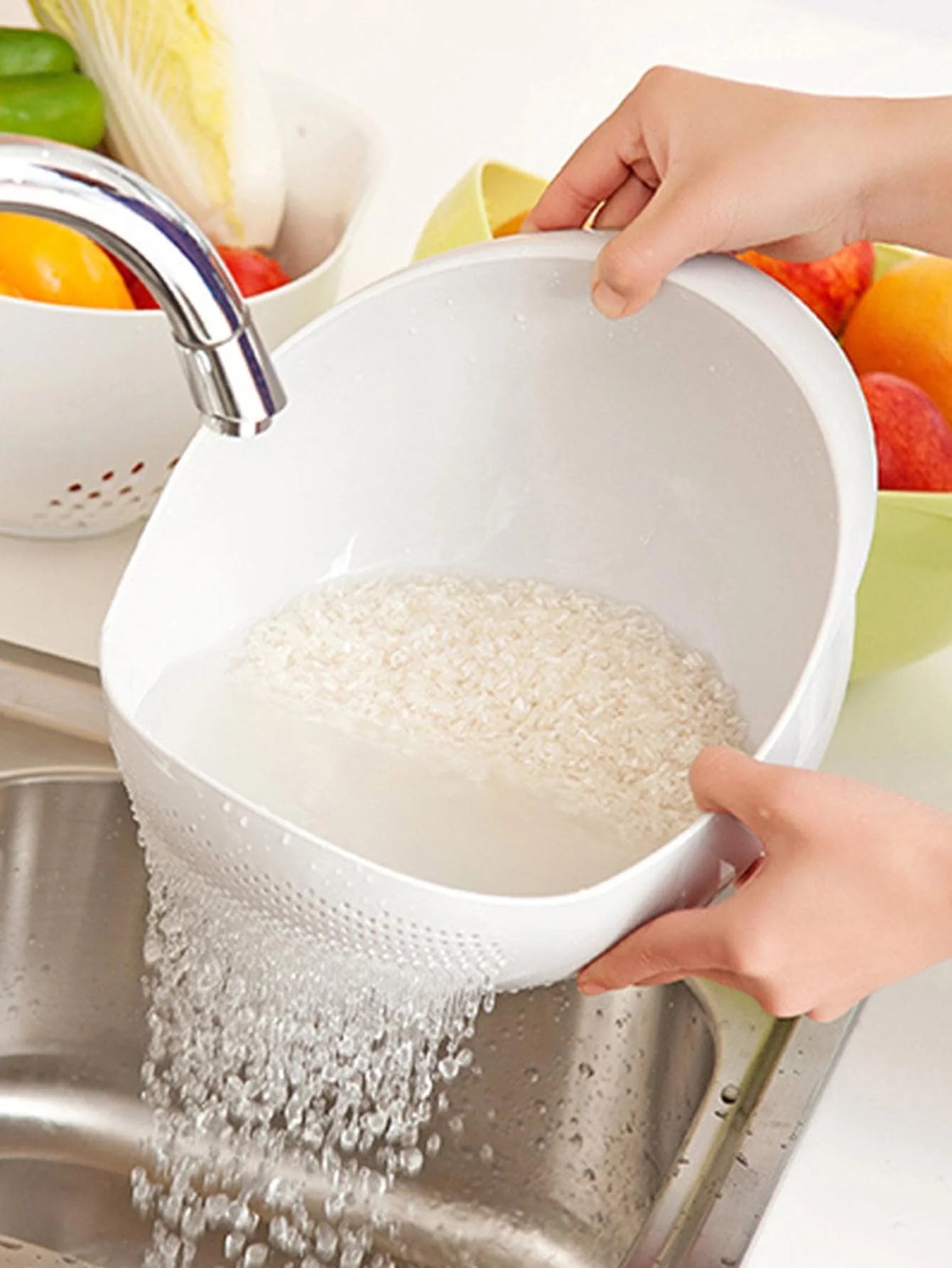 1PC Colander Rice Bowl Drain Basket Fruit Bowl Washing Drain Basket with Handle Washing Basket Home Kitchen Organizer