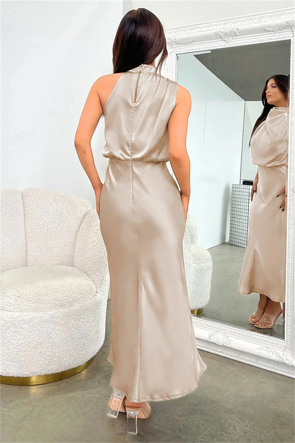 Summer High-End Silk Satin Sleeveless Long Dress Women Fashion Elegant Celebrity Dresses Evening Dress Party Clothes Ladies