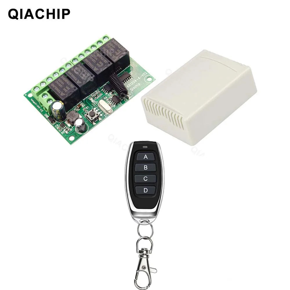 QIACHIP 4CH 433.92MHz Relay Module – DC 5V/12V/24V/48V 10A Wireless Remote Control Switch for EV1527, DC Motor DIY