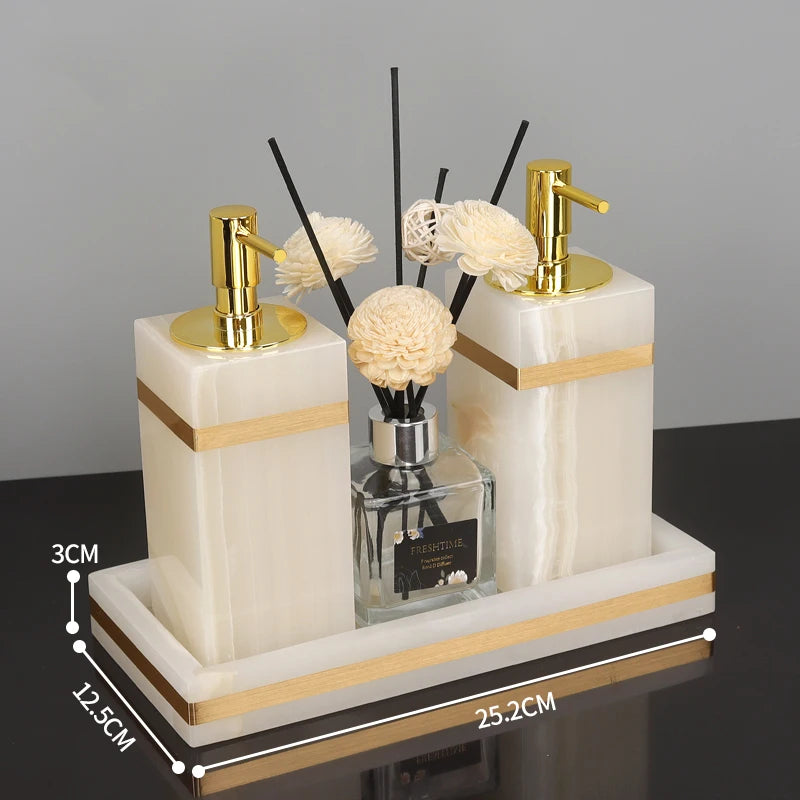 White Onyx Natural Marble Bathroom Accessories Gold Luxury Soap Dispenser Cotton Swab Holder Toothbrush Holder Bathroom Set