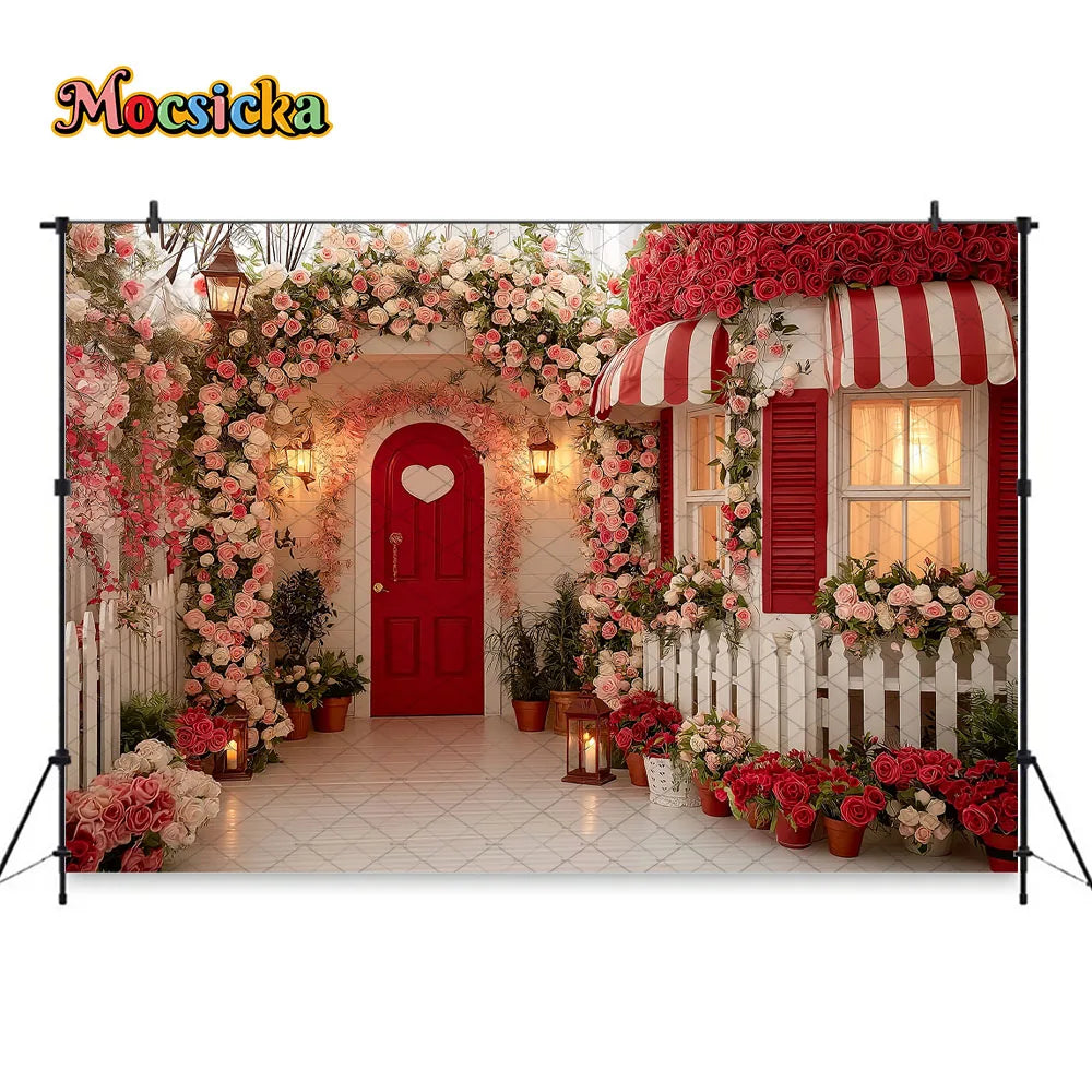 Mocsicka Valentines Day Flower Shop Backdrop Photography Red White Striped Floral Garden Background Kid Photo Shoot Studio Decor