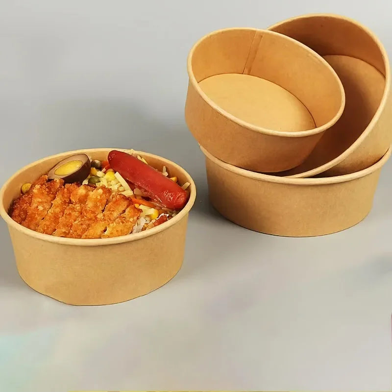 15/30PCS Kraft Paper Bowls Disposable Bowls with Lid Salad Vegetable Soup Kitchen Restaurant Party Snack Storage Supplies