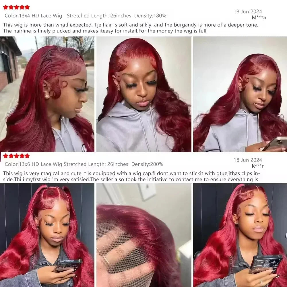 Burgundy 99J Body Wave Human Frontal Lace Hair Wig 30inches 13x4 13x6 HD Transparent Lace Brazilian Colored Remy Wigs for Women
