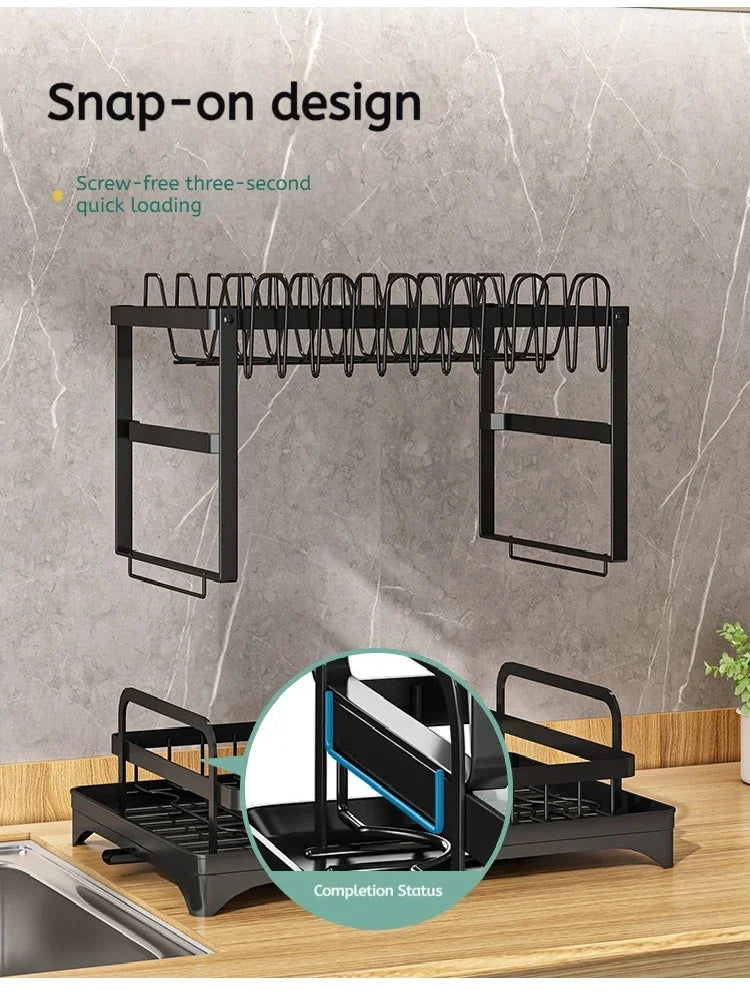 Black 2 Tier Dish Drying Rack Multifunctional Kitchen Bowl Dish Drain Rack Complete Set for Tableware Cutlery Cup Storage