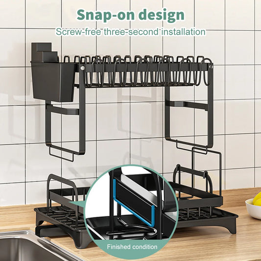 2 tier dish drying rack, Cutlery rack with spout and draining tray, cutlery holder, cup holder, kitchen countertop storage rack