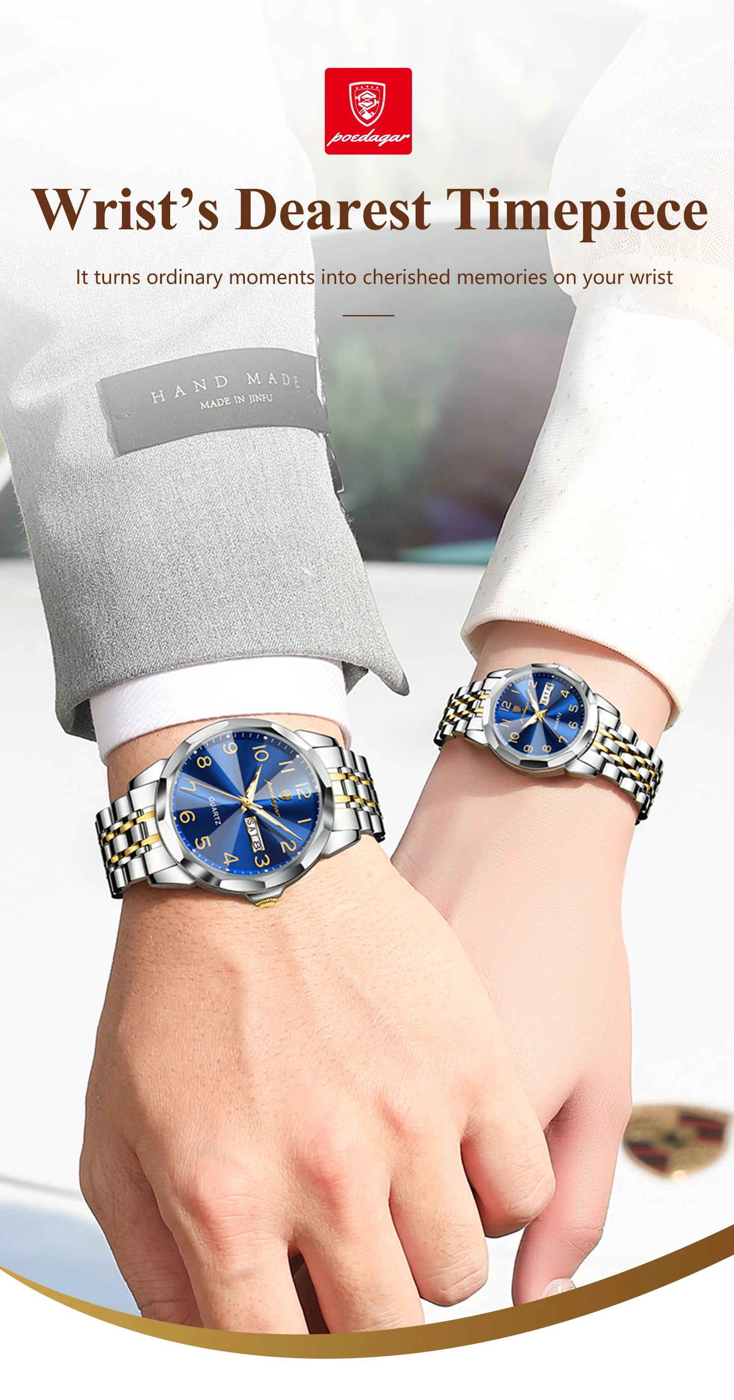 POEDAGAR Top Fashion Watches For Couple Waterproof Date Week Couple's Watches Quartz Stainless Steel Couple Watch Lovers Set+Box