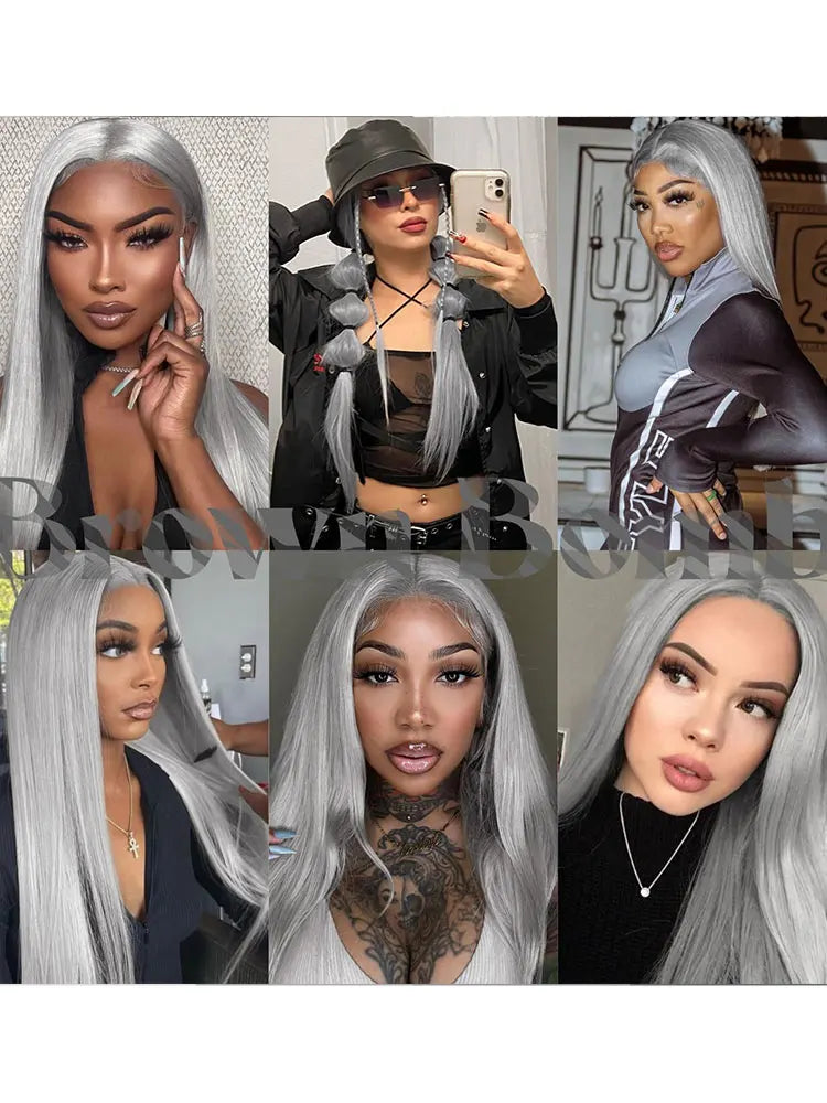 13x6 Straight Grey Lace Front Wig Human Hair Pre Plucked Remy Brazilian Silver Gray Lace Frontal Wig Body Wave Human Hair Wigs