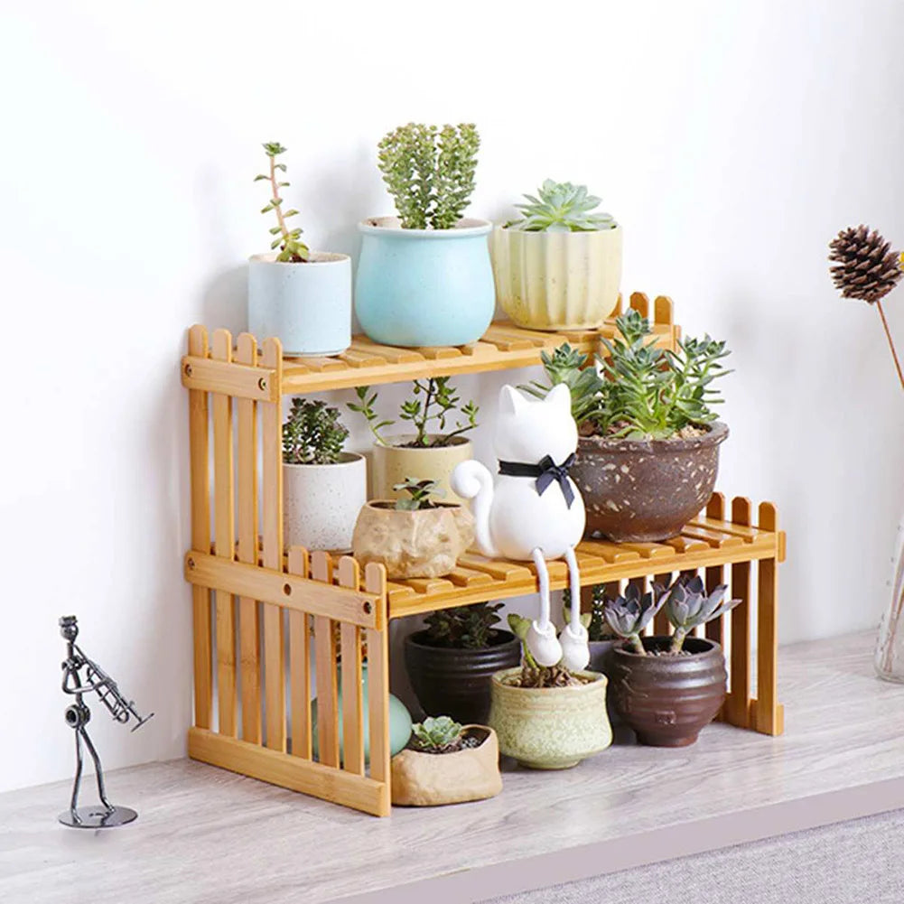 2 Tier Decorative Tabletop Wood Plant Stand Display Shelf For Home Office Tidy Storage Organiser