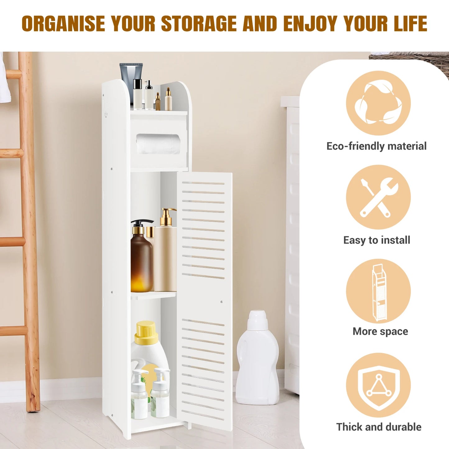 3-Tier Tall Narrow Bathroom Storage Cabinet with Doors, Waterproof Anti-Mold Standing Floor Organizer for Side Space Saving