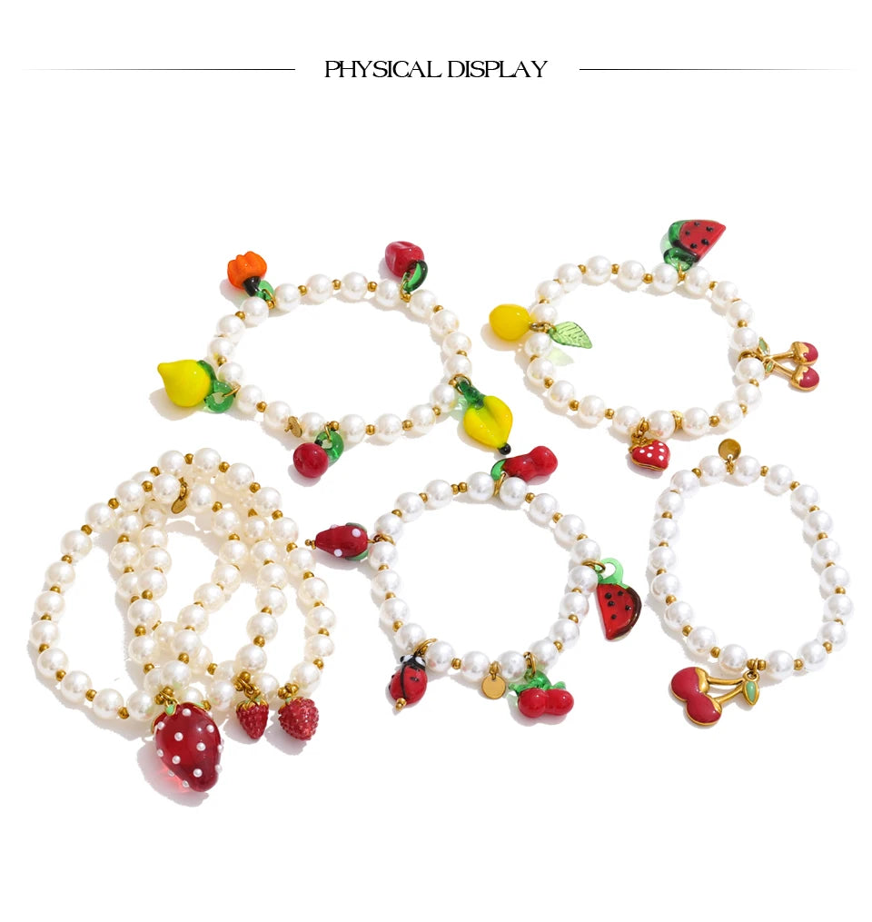 Yhpup 5 Style Trendy Handmade Beads Jewelry Simulated Pearls Chain Fruit Drop Bracelet Bangles Stainless Steel Wrist Accessories