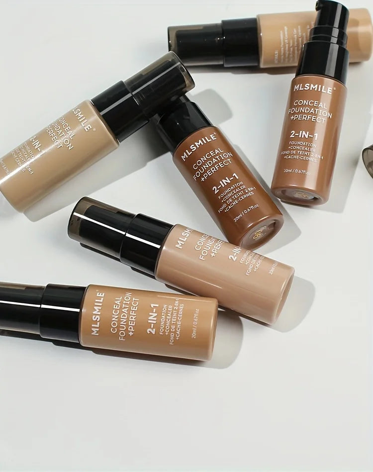 2-In-1 Oil Control Liquid Foundation & Concealer Full Coverage Long Lasting Waterproof Hydrating Brightening Base Makeup