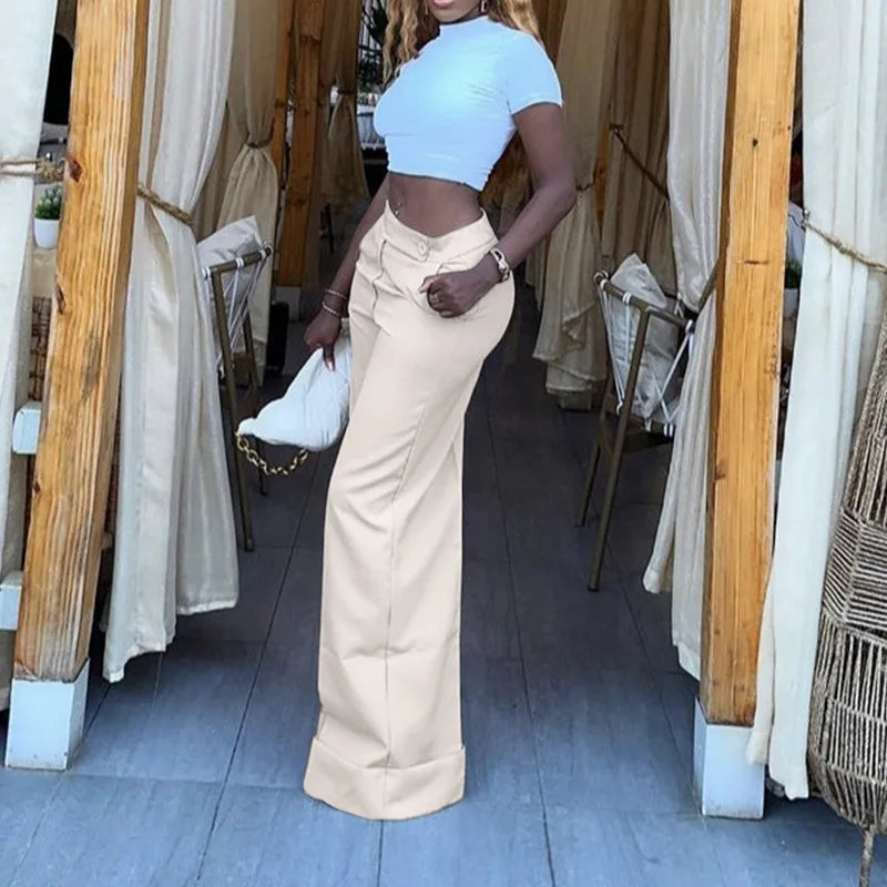 Women's Solid Color High Waist Wide Leg Pants Cuffed Hem Button Closure Pockets Design Office Work & Casual Streetwear Outfit