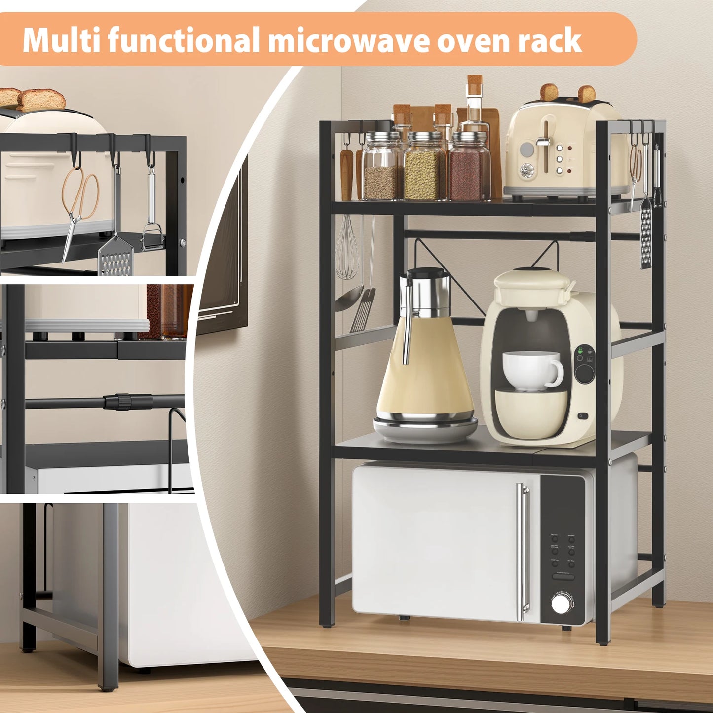 3 Tiers Expandable Microwave Oven Rack with 6 hooks, Microwave Shelf Stand, Carbon Steel for Pots Pans Rice Cooker