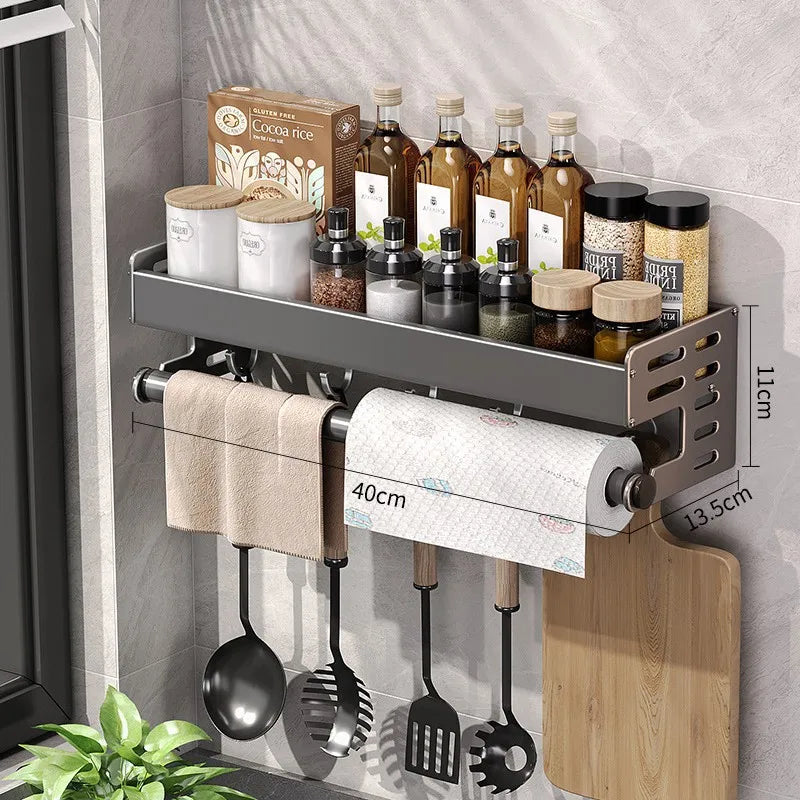Wall Mount Utensil Holder Multifunctional Spice Organiser Shelf with Hooks Kitchen Hanging Storage Wall Shelf