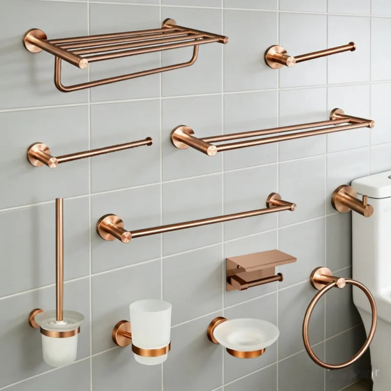 Brushed Rose Gold Towel Rack Single And Double Rod Ring Paper Holder Robe Hook Soap Dispenser Toilet Brush Bathroom Accessories