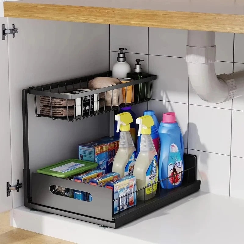 Double-layer Sliding Rail Basket Under-Sink Storage Rack Bathroom & Kitchen Storage