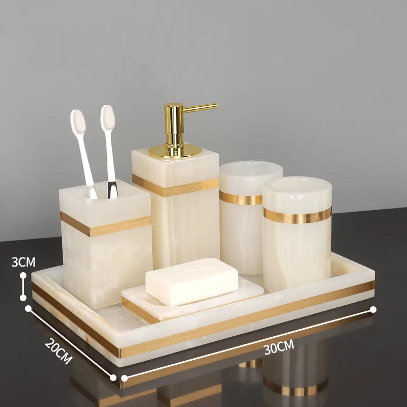 White Onyx Natural Marble Bathroom Accessories Gold Luxury Soap Dispenser Cotton Swab Holder Toothbrush Holder Bathroom Set