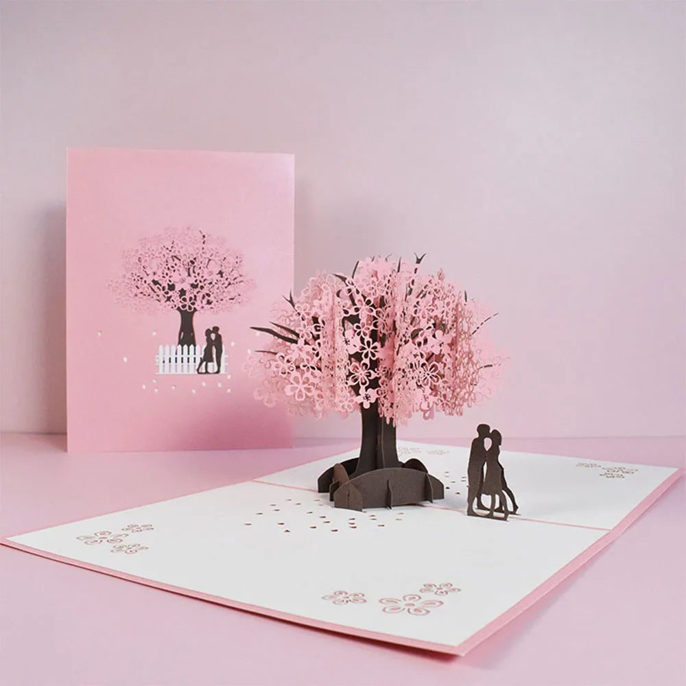 Exquisite 3D Pop Up Peach Blossom Tree Greeting Card Birthday Gifts Rose Flowers Cake Postcard For Children To Blessing Teacher