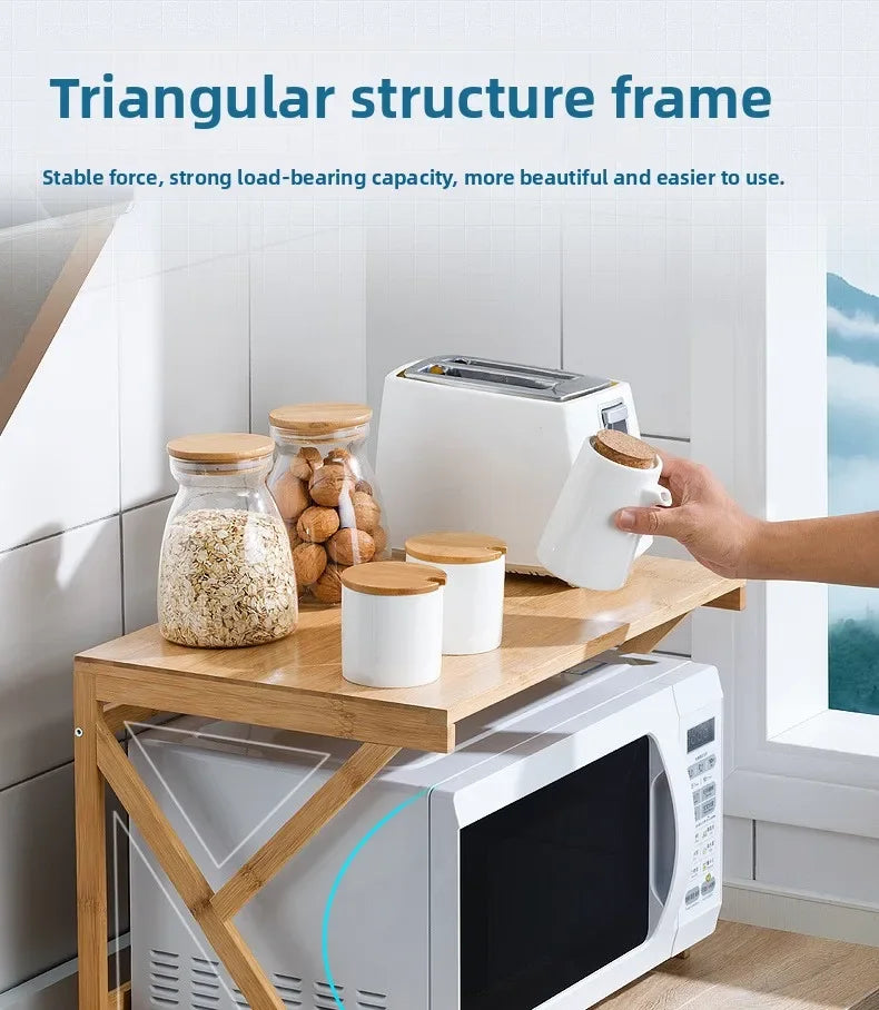Kitchen Shelf Countertop Double Microwave Oven Shelf Desktop Seasoning Oven Storage Rack Bamboo Solid Wood