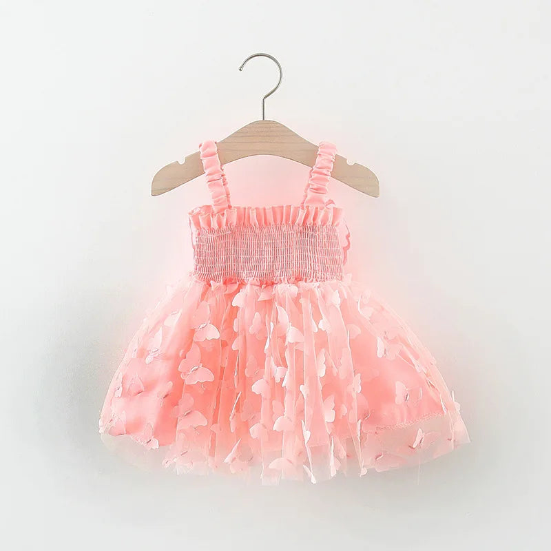 Summer 0-3 Girls' Dress Solid Color Butterfly 3D Mesh Splicing Butterfly Wings Strap Fluffy Dress