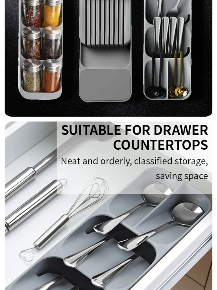 Kitchen Drawer Cutlery Storage Tray Knife Holder Spoon Forks Tableware Organiser Container For Spice Bottles Knives Block Rack