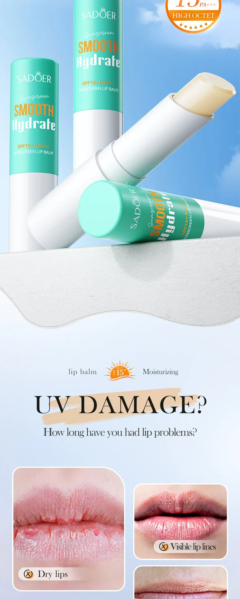 SADOER Spf 15+ Lip Sunscreen Solar Blocker Moisturising Lip Balm