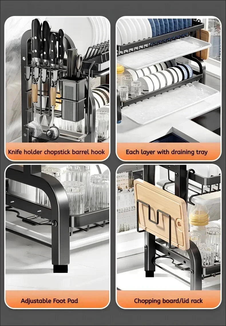 Dish Drying Rack Stainless Steel 2-tier Compact Kitchen Dish Rack Drainboard Large Rust-proof Dish Drainer With Utensil Holder