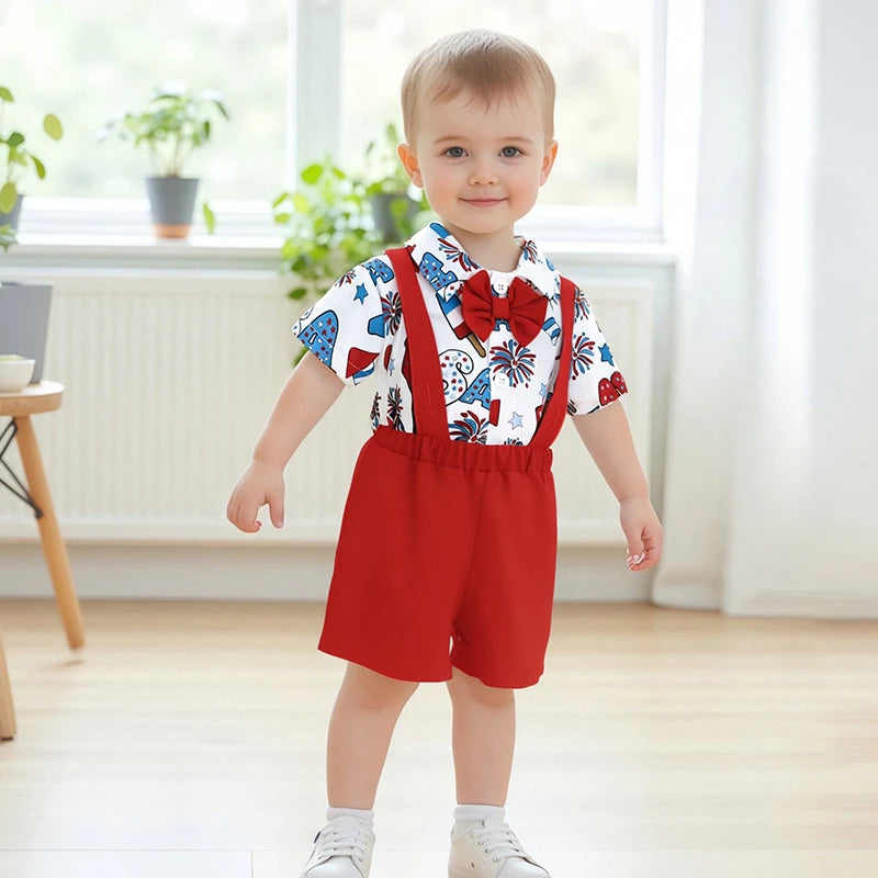 Toddler Boys Independence Day Outfits Short Sleeve Bowtie Romper Suspender Shorts Set Infant Clothing for 4th of July