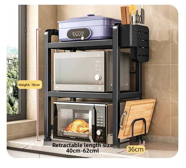 Kitchen Microwave Oven Rack Double Layer Expandable Multi Functional Home Appliance Storage Shelf Carbon Steel No Installatio...