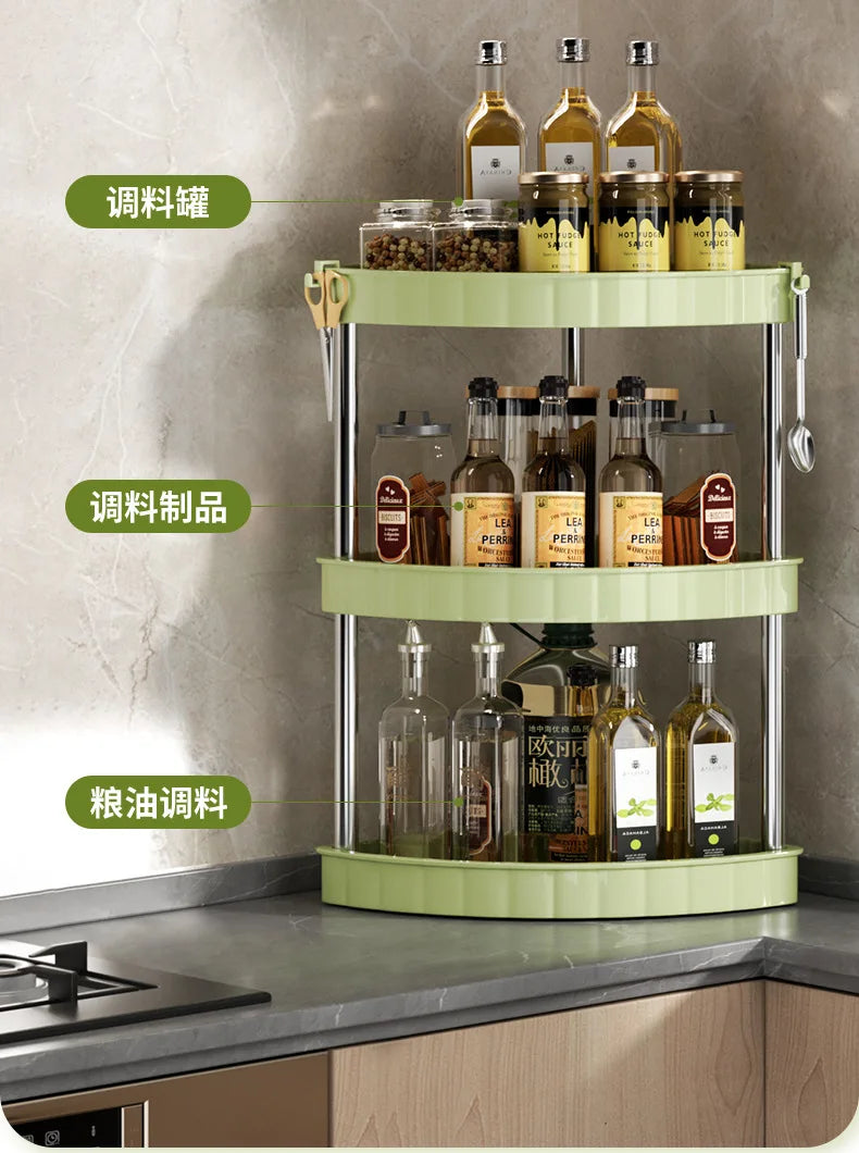 Kitchen Spice Rack Shelf Countertop Corner Multifunctional Seasoning Supplies Rack Saving Spice Rack Organiser with Hooks