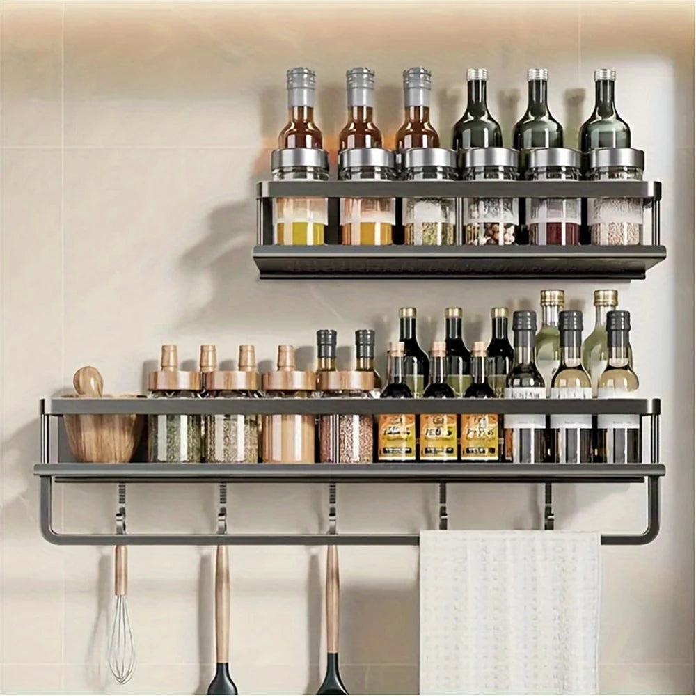 1 Multi-Functional Storage Rack With Rod Seasoning Rack Wall-Mounted Seasoning Storage Rack For Cooking Items