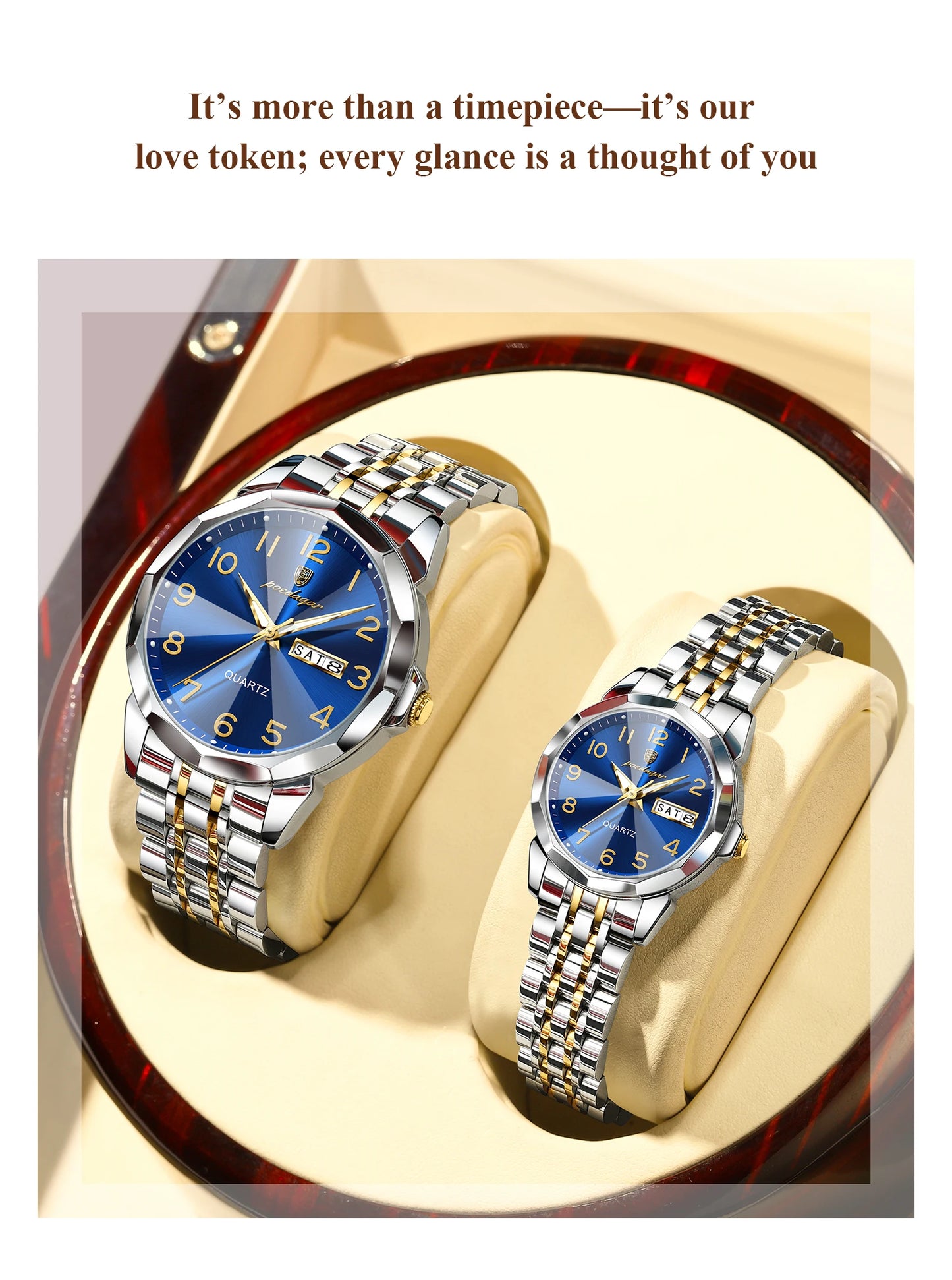 POEDAGAR Top Fashion Watches For Couple Waterproof Date Week Couple's Watches Quartz Stainless Steel Couple Watch Lovers Set+Box