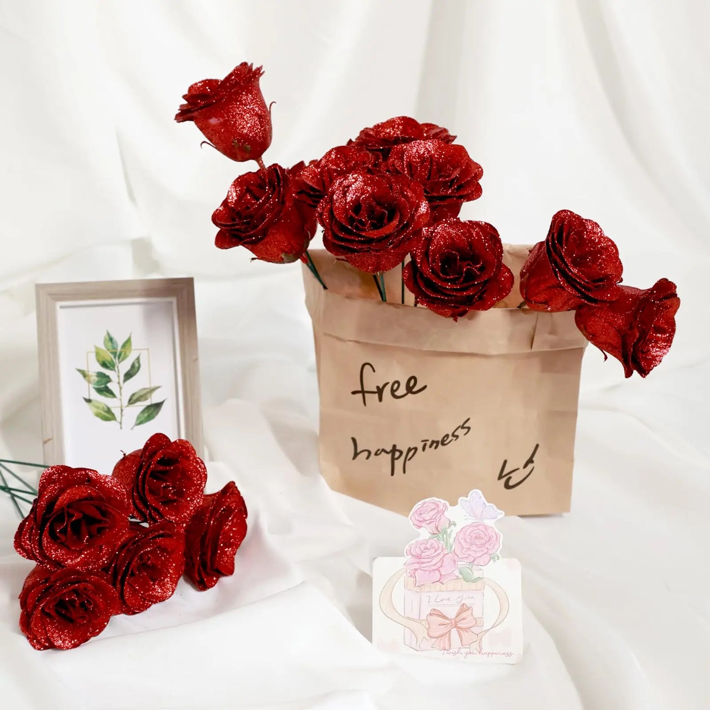 12/24pcs Red Glitter Roses Bouquet DIY Gift Set Everlasting Shiny Artificial Rose for Valentines Anniversary Engagement Wedding