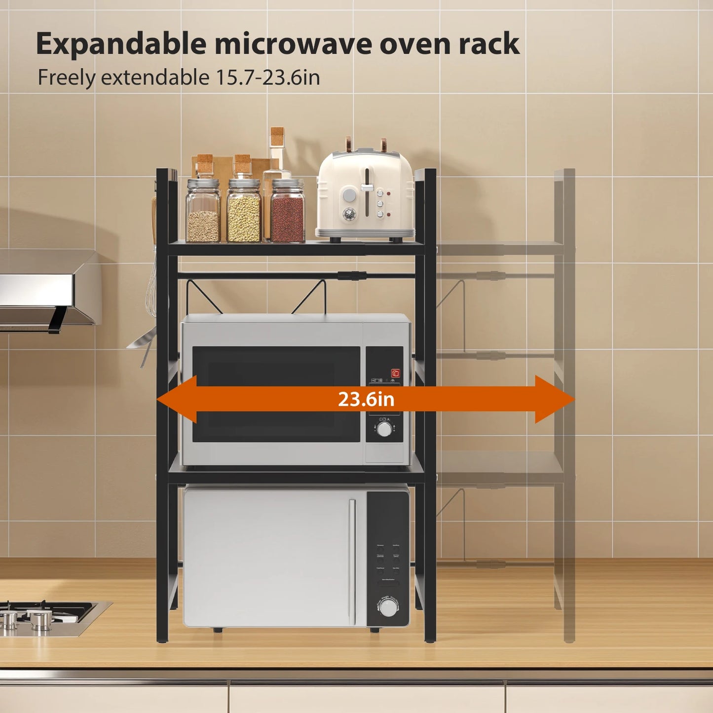 3 Tiers Expandable Microwave Oven Rack with 6 hooks, Microwave Shelf Stand, Carbon Steel for Pots Pans Rice Cooker