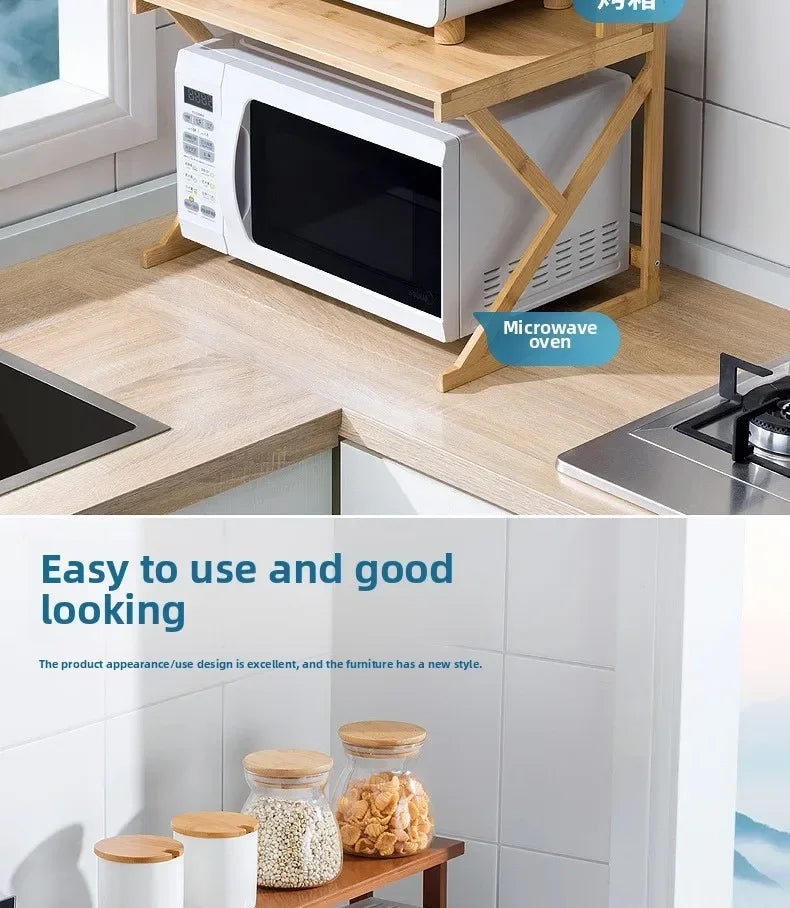 Kitchen Shelf Countertop Double Microwave Oven Shelf Desktop Seasoning Oven Storage Rack Bamboo Solid Wood