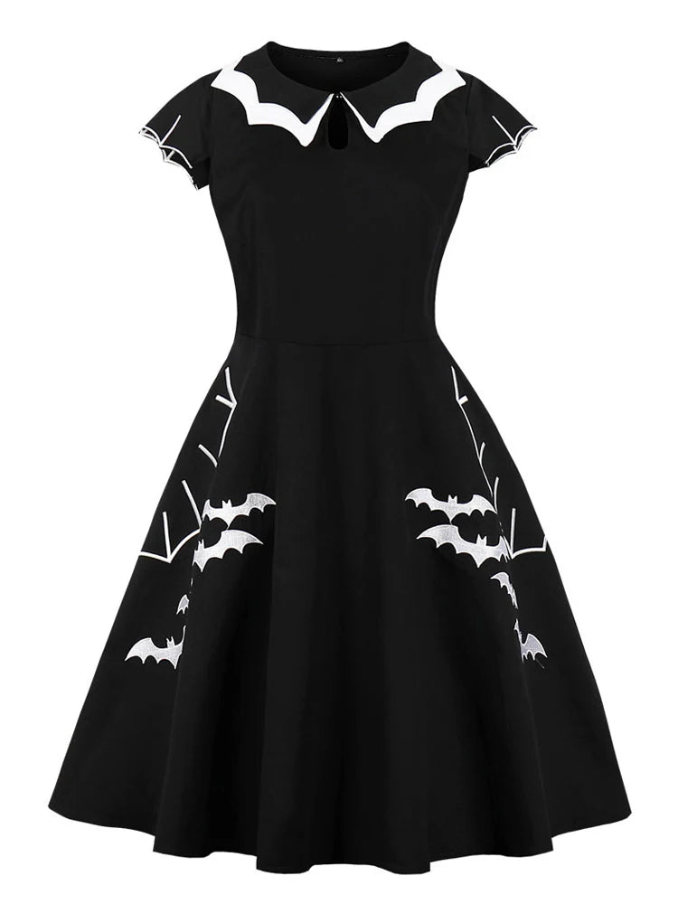 Tonval Bat Embroidery Halloween Costumes Party Vintage Dresses for Women Cap Sleeve Keyhole Front Cotton Retro A Line Dress
