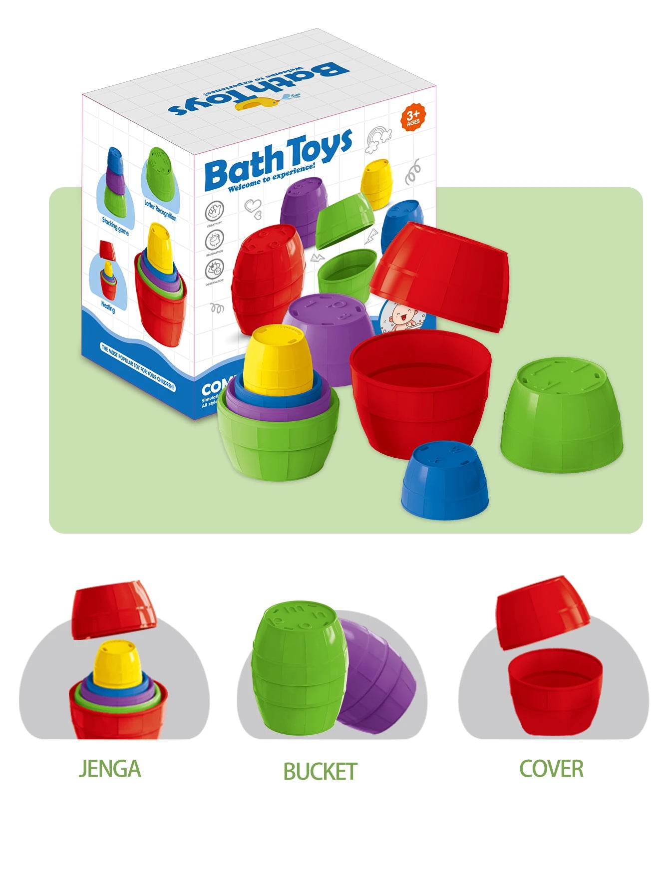 Baby Bath Toys, Stacking Cup Toddler Toy Random Colors Ocean Stacking Tower Bathtub Water Beach Play Bathroom Game Gifts